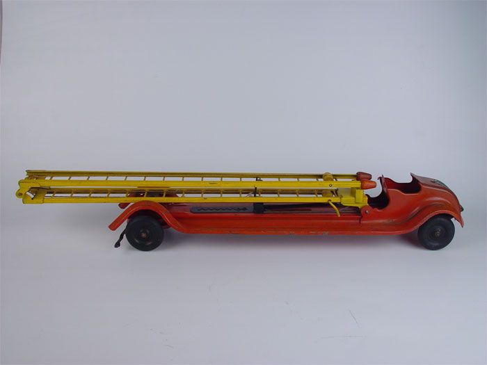 Kingsbury Aerial Ladder Fire Truck Steel Toy Wind up  