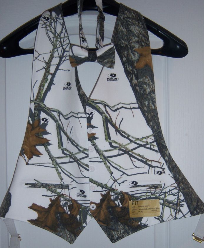 New Mossy Oak Winter White reversible backless camo vest w/bowtie 