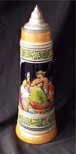 Vintage Lidded Large GERMAN Beer Stein 16 2L 2 Liter   Beer Pub Scene 