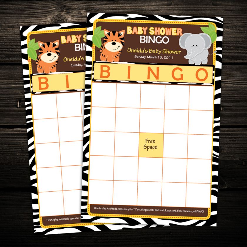   Safari Friends Baby Shower BINGO cards game activity   any color