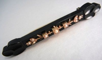 Antique Victorian 10K Gold Onyx Seed Pearl Bar Brooch Pin  