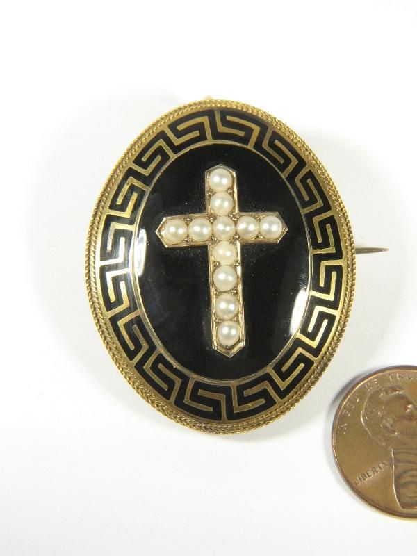 ANTIQUE ENGLISH 15K GOLD PEARL CROSS LOCKET PIN PENDANT  