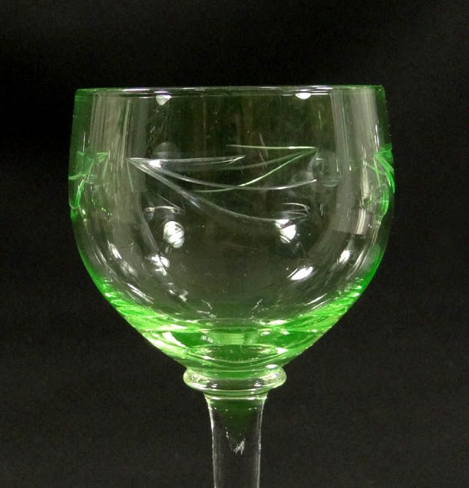   ART DECO BOHEMIAN CUT VASELINE GLASS WINE GOBLET STEM CUP SET~CHERRIES