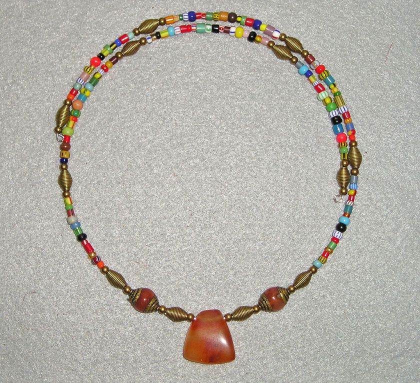 AFRICAN TB GLASS & CARNELAIN & BRASS NECKLACE w Pendant  