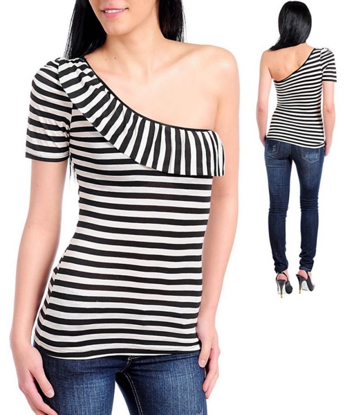 BLACK WHITE STRIPE NAUTICAL ONE SHOULDER TOP S M L  