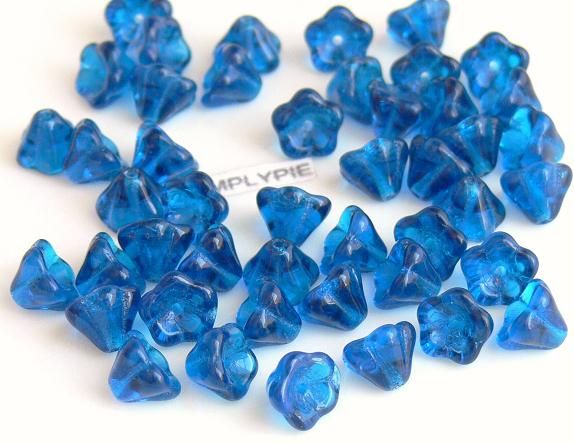 8mm CAPRI BLUE FLower Bell Czech Glass Beads 25  