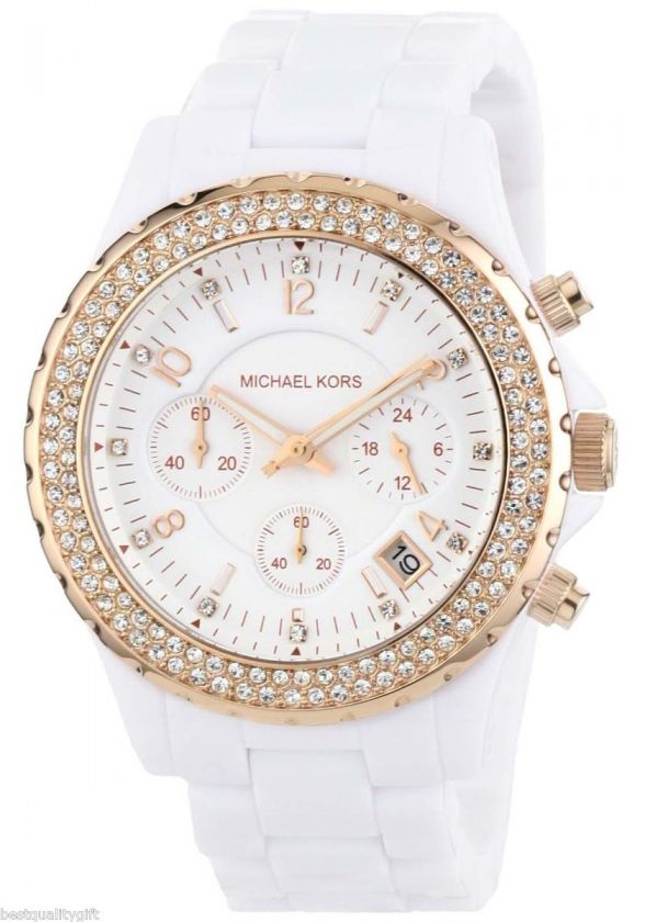 MICHAEL KORS WHITE ACRYLIC,ROSE GOLD,CRYSTALS+CHRONOGRAPH WATCH MK5379 