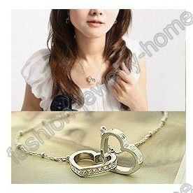 Hot Silver Plated Two Heart Crystal Choker Necklace  