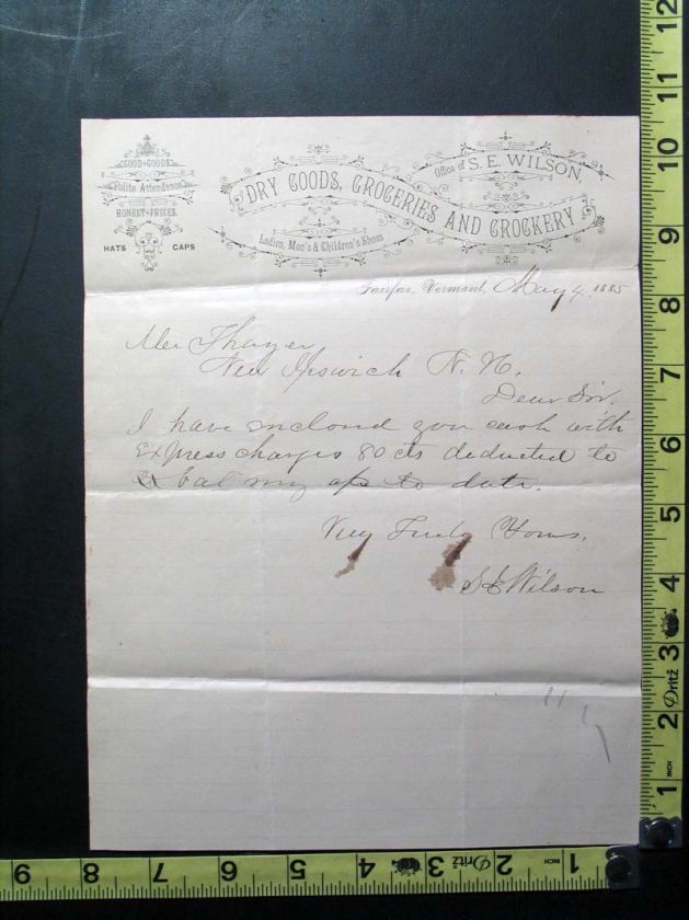 1885 Letter on Letterhead S.E. Wilson, Dry Goods & Crockery, Fairfax 