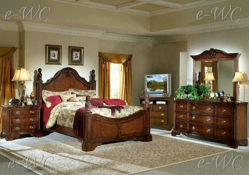 4pc QUEEN CHERRY POSTER BEDROOM SET DRESSER NIGHTSTAND  