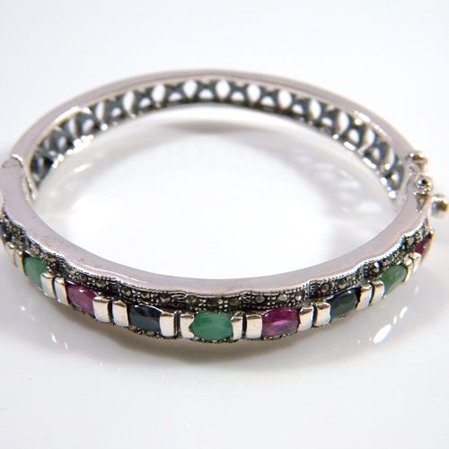 Silver Natural Ruby Emerald Sapphire Marcasite Bangle  