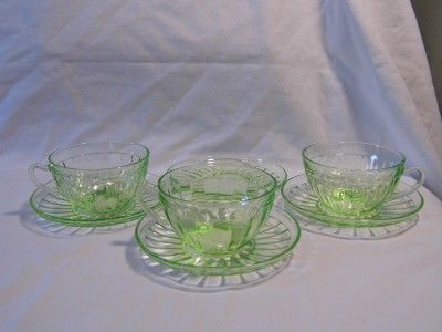   GREEN depression Glass 3 TEA CUPS mugs & 4 SAUCERS plates  