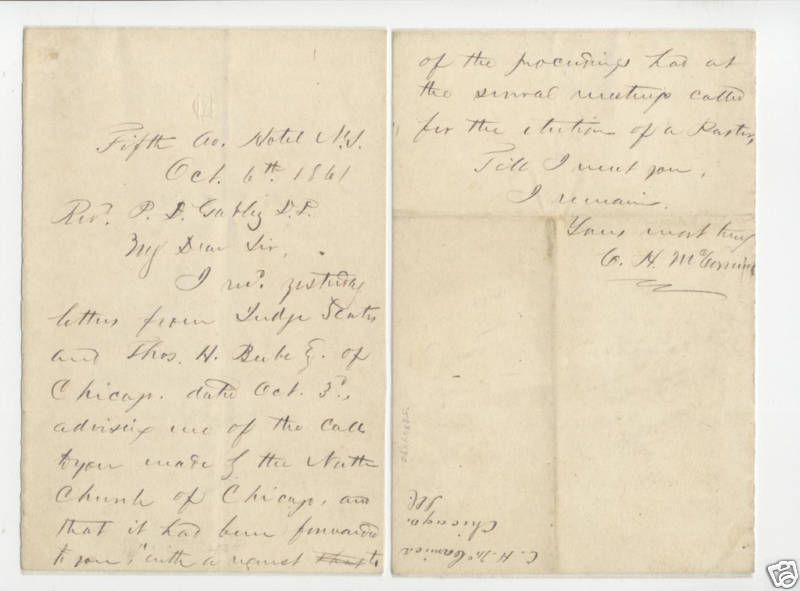 Cyrus H McCormick Reaper ALS letter 1861 Church Judge  