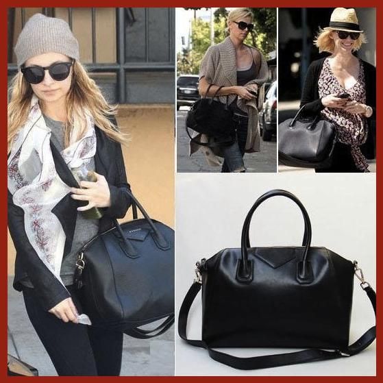 New REAL Napa Cow Leather Black Zip Closure Black Shoulder Bag Handbag 