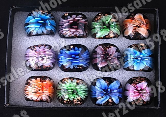 12PCS Gold Dust Lampwork Glass Rings Flower Inside FREE  