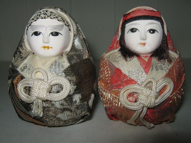pair of vintage Daruma dolls w gofun faces  
