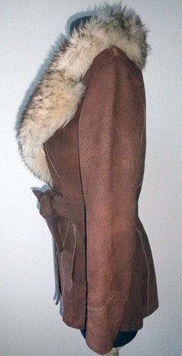 60s Vtg. Cool Big Fluff Shearling Collar Leather Suede Detail Sash 