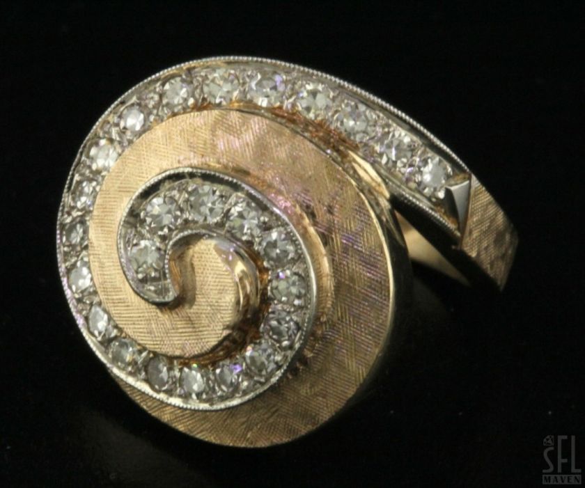 HEAVY VINTAGE 14K GOLD .75CT VS DIAMOND SWIRL FLORENTINE COCKTAIL RING 