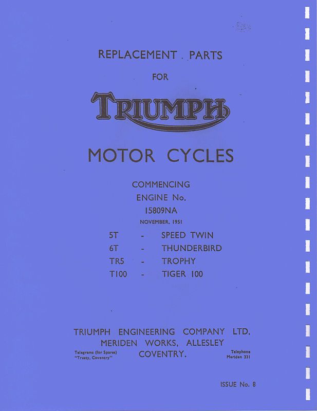 Triumph Parts Manual Book 1952 Thunderbird 6T  