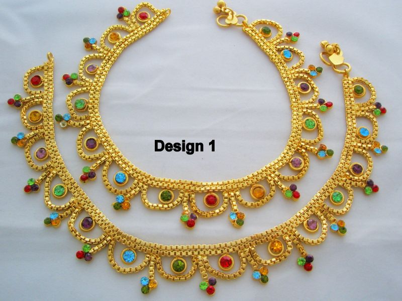 Indian 22K Gold Crystal Anklets Ankle Bracelet Payal 2P  