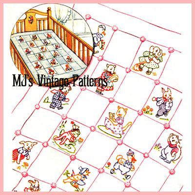 Vintage Anthropomorphic Animals Baby Childs Quilt Embroidery Pattern 