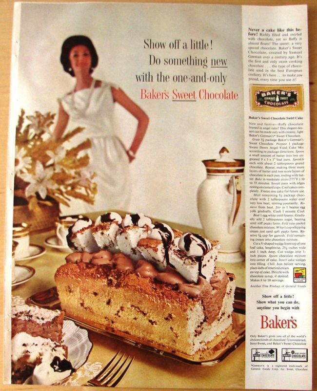 Bakers Sweet Chocolate by General Foods 1961 Print Ad  