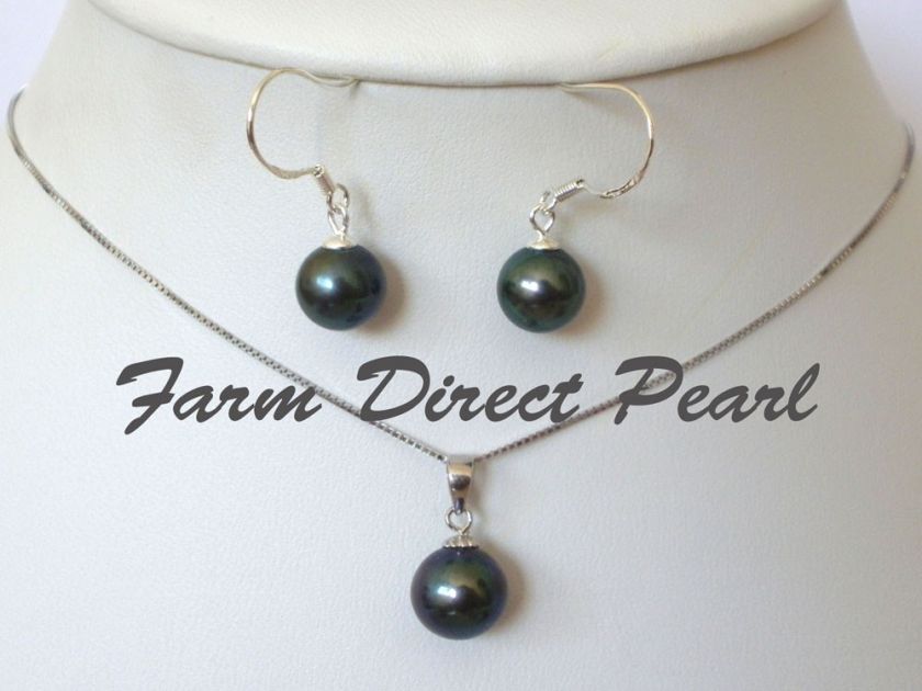 Genuine Black Pearl Pendant Necklace Earring SET Silver  