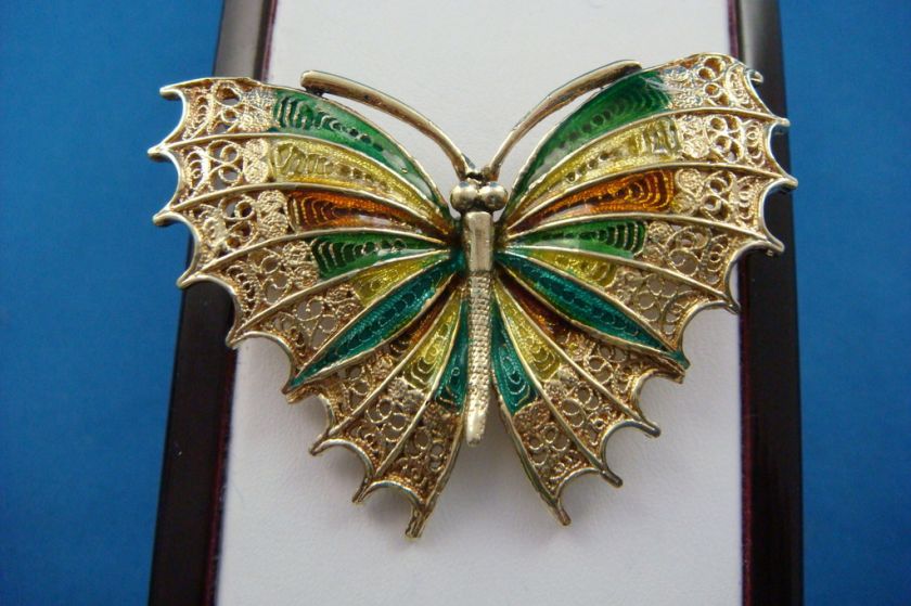 14 K. VINTAGE LARGE BUTTERFLY ENAMEL BROOCH PIN  