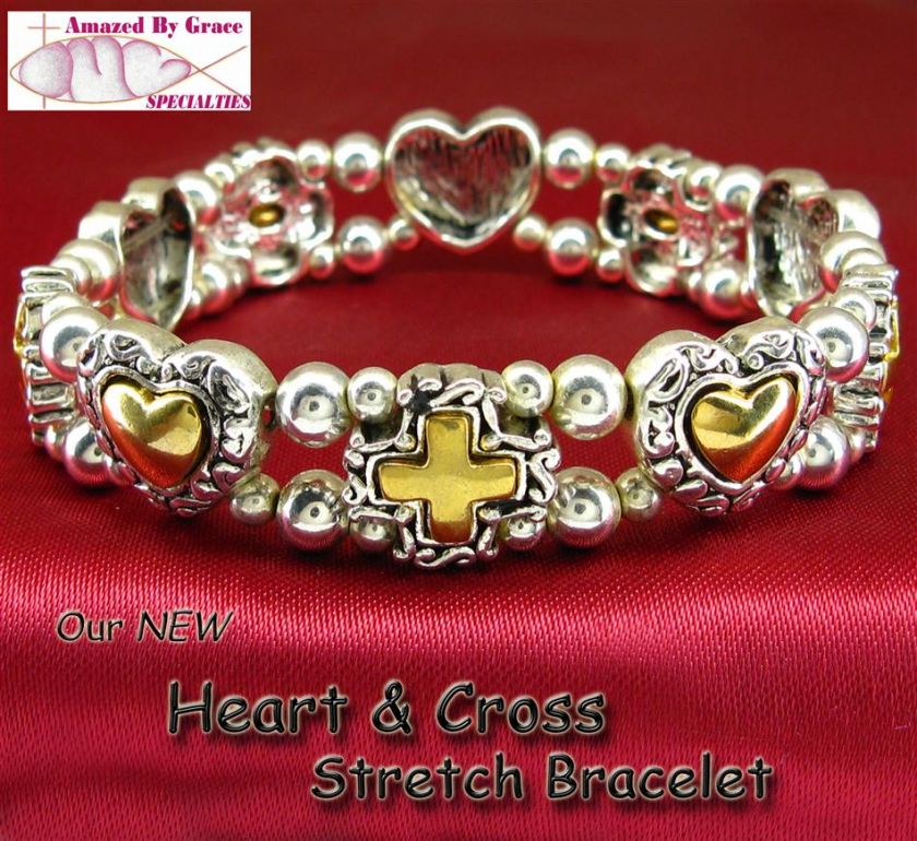 Two Tone Heart and Cross Stretch Bracelet  