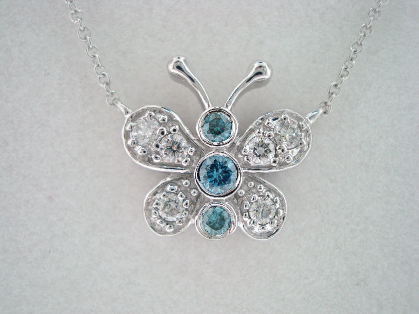 14K WG BLUE & WHITE BUTTERFLY DIAMOND PENDANT NECKLACE  