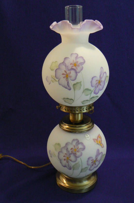 Fenton 23 White GWTW Lamp HP Flowers & Butterflies  