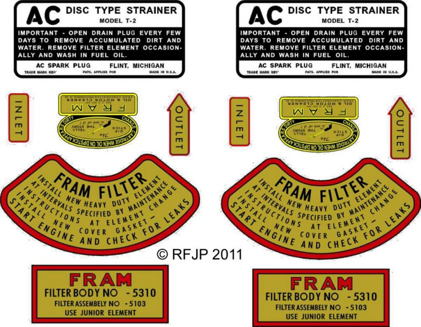 FRAM, Willys MB, MA, M38, CJ2a, AC fuel strainer decal, Oil filter 