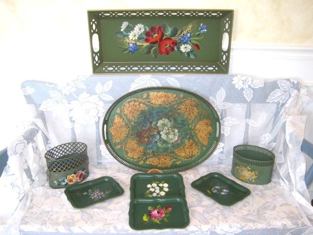   Green Signed Hand Painted Flowers Vintage Interior Nashco Tole Tray