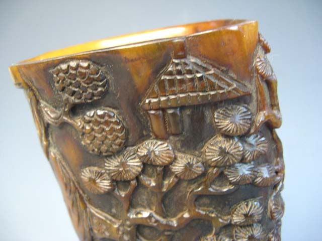 Chinese ox horn Carved Carved human&landscape Wine Cup  