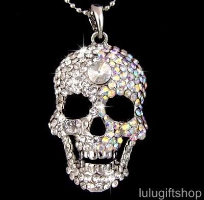 18KGP SKULL BLING PENDANT NECKLACE W SWAROVSKI CRYSTAL  