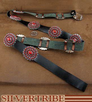 Native American Navajo Sterling Silver Coral Belt  