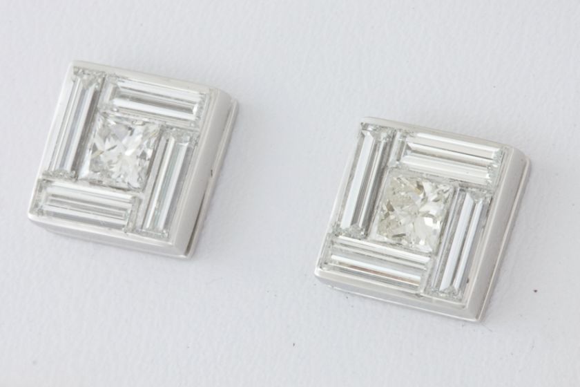 Platinum Diamond Stud Earrings Princess & Baguette 1.7c  