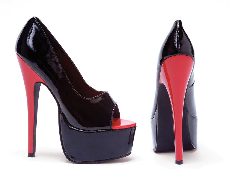 WOMENS RED HEEL2 TONE PLATFORM OPEN TOE BLACK PUMPS  