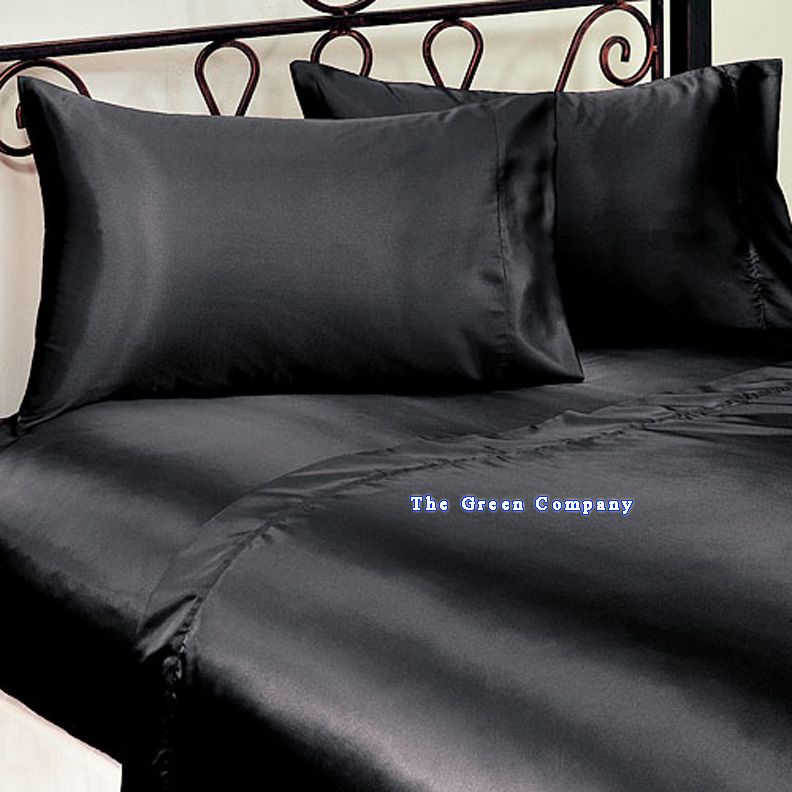 SILKY CHARMEUSE SATIN BLACK SHEET SET FULL DEEP POCKET  