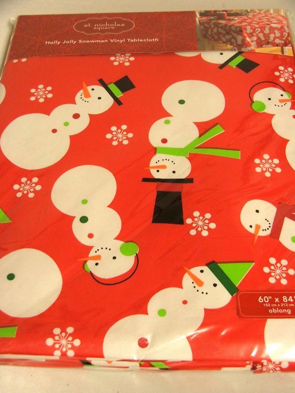 NEW ST. NICHOLAS SQUARE TABLECLOTH VINYL SNOWMAN MOTIF  