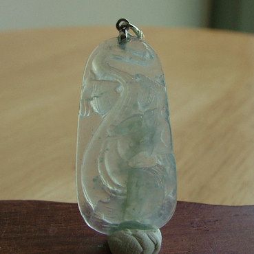 Green Glassy Water A Jade Carved Chinese Dragon 18k White Gold Pendant 